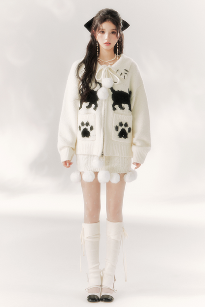 Cat Ball French Knit Sweater + Fur Skirt