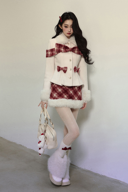 Check Ribbon Coat + Fur Check Skirt