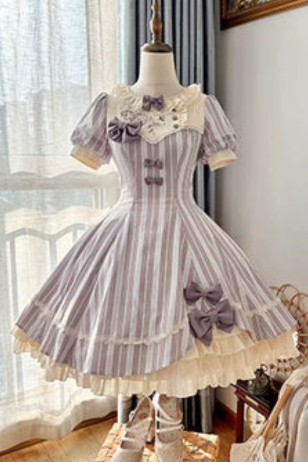 [Précommande] Robe Lolita à rayures + clip à ruban