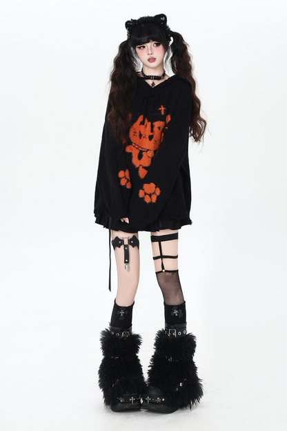 ナイトダークキャットルーズフードニット