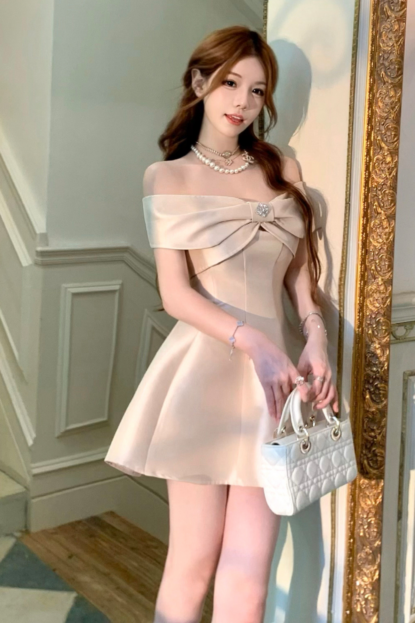 オフショルダーリボンショートフレアドレス＋ロングフレアドレス