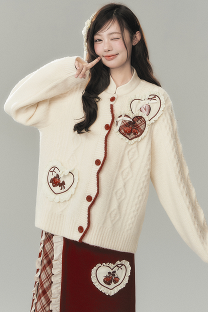 ストロベリークリームカーディガン+スカート+ハイネックトップス+ヘアピン