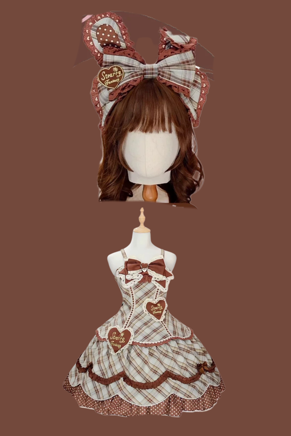 Check Sweet Girly Lolita Tiered Dress + Headband + Hairband