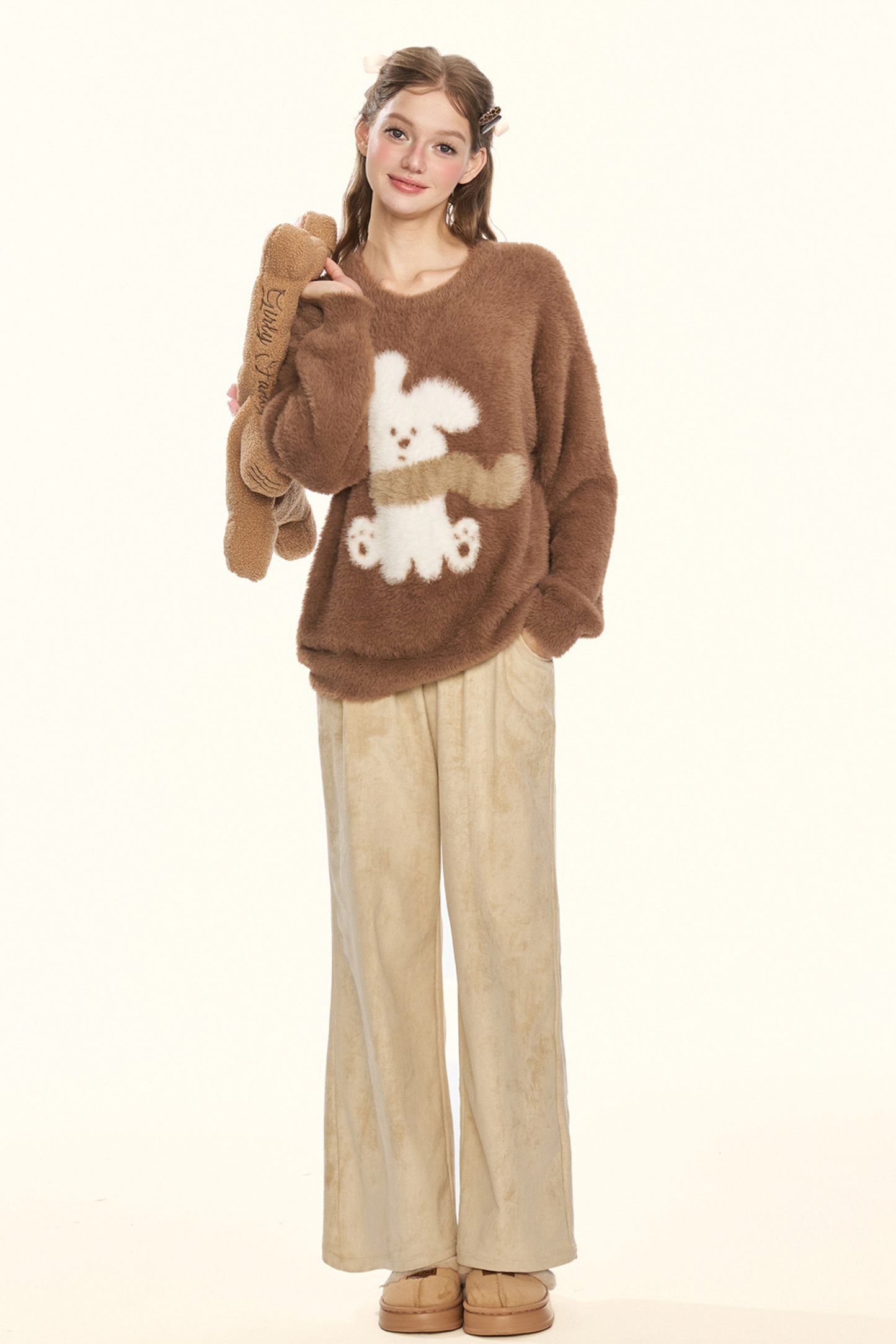 ストレートスエードパンツ+ファーベルト