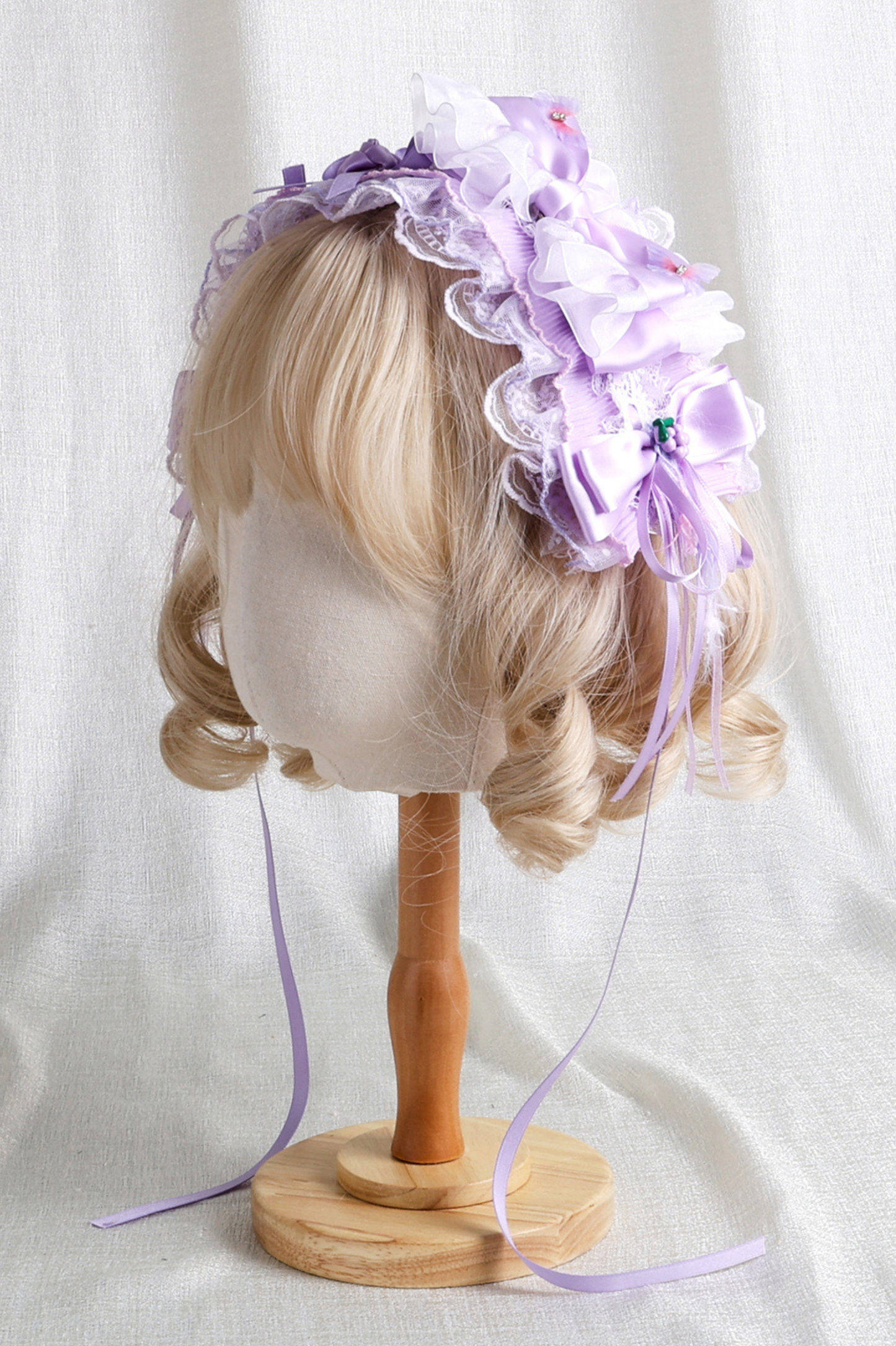 パープルブライダルリボンフラワーボンネット+ハットクリップ+ヘアバンド+リボンクリップ+スリーブ