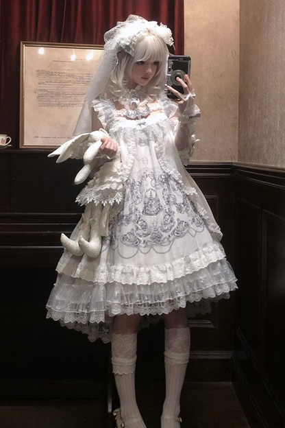 【6月28日予約締切】天使の祈りゴシックレースラッフルティアードプリントJKSドレス＋チョーカー（キャンドルスタンド刺繍ブローチ付き）