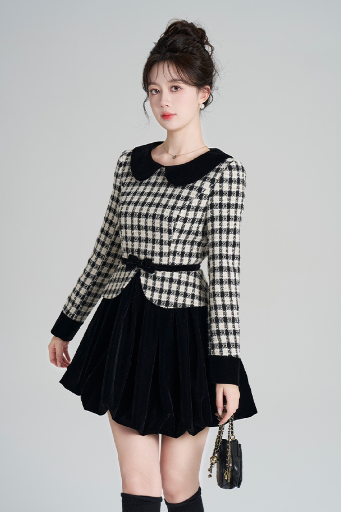 ベルベットモノクロチェックドレス