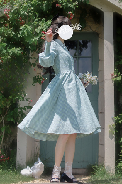 Blue Check French Retro Dress + Frilled Lace Apron