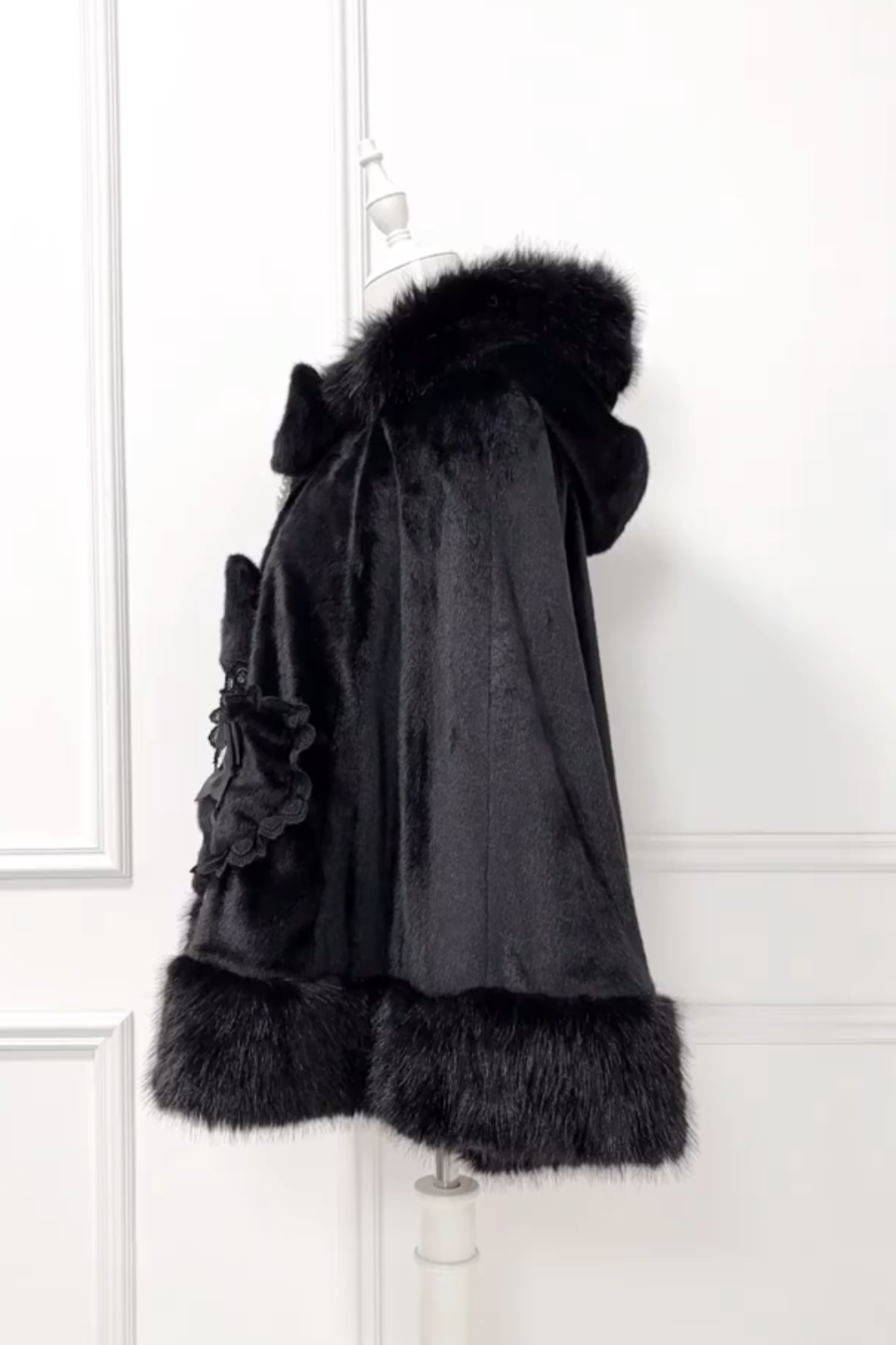 Pearl Ribbon Fur Hooded Flared Coat