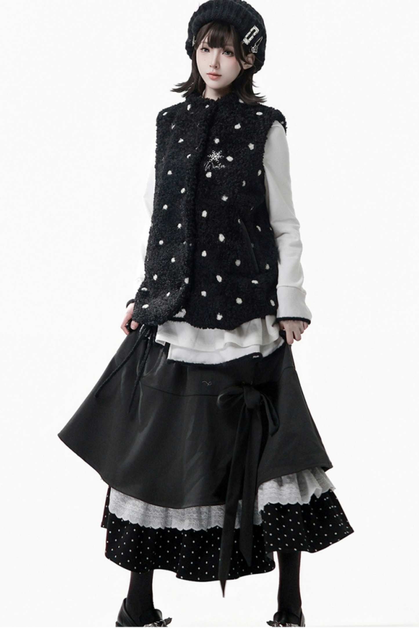 ポルカドットウィンターフリースジャケット+ベスト+トップス+スカートスカーフ