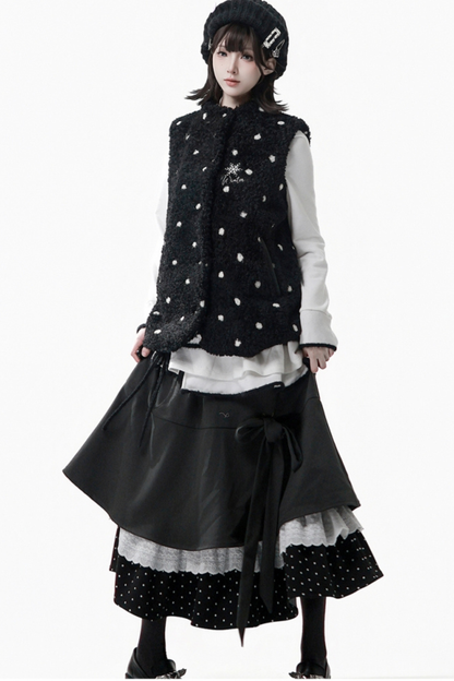 ポルカドットウィンターフリースジャケット+ベスト+トップス+スカートスカーフ