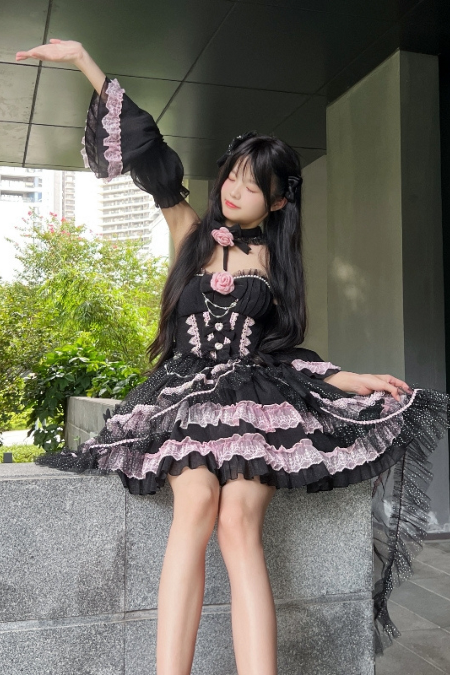 Flower Tube Top Lolita Dress + Sleeve + Head Accessories