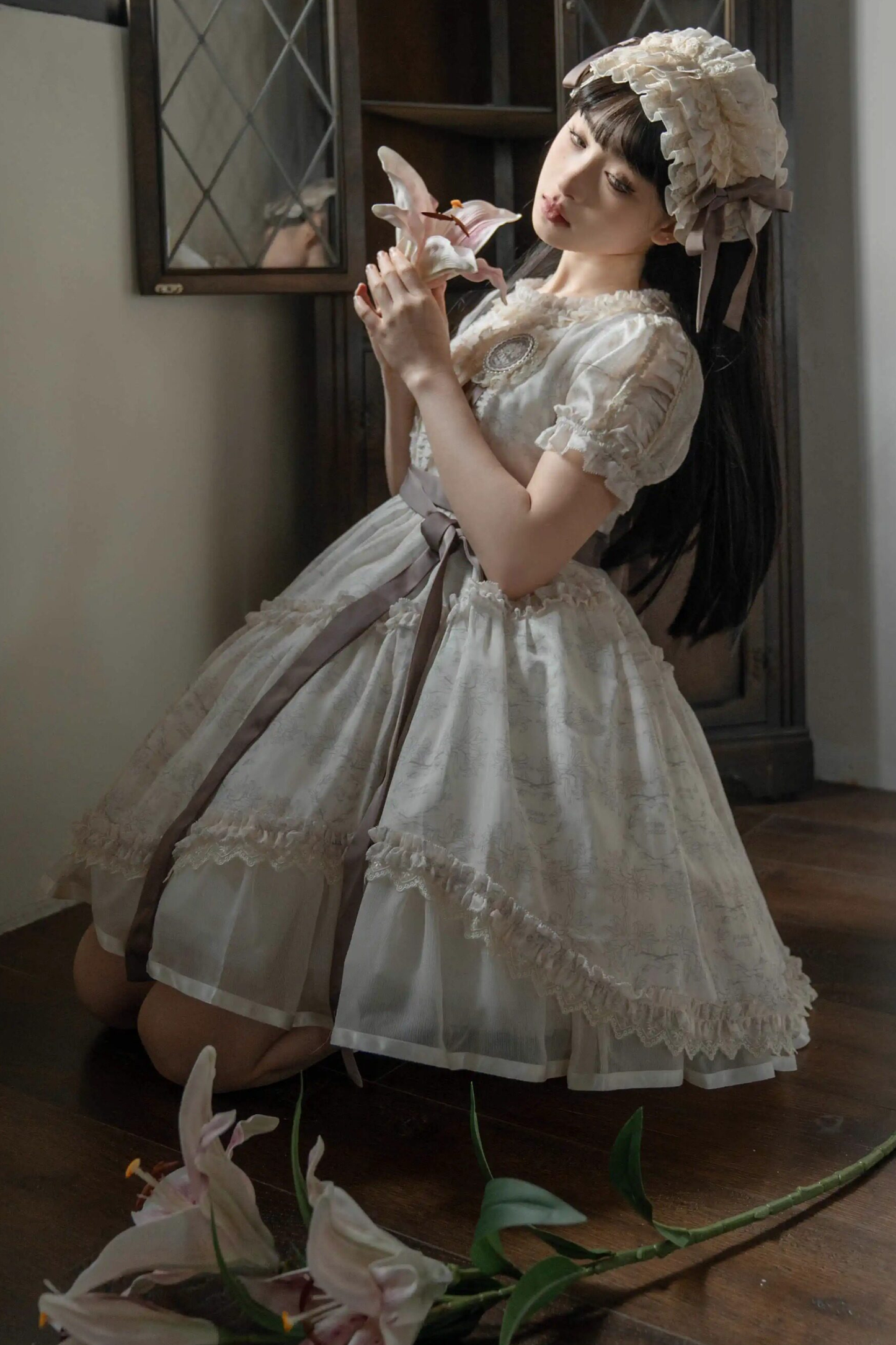 French Elegance Floral Lolita Dress + Badge + Headband + Headband