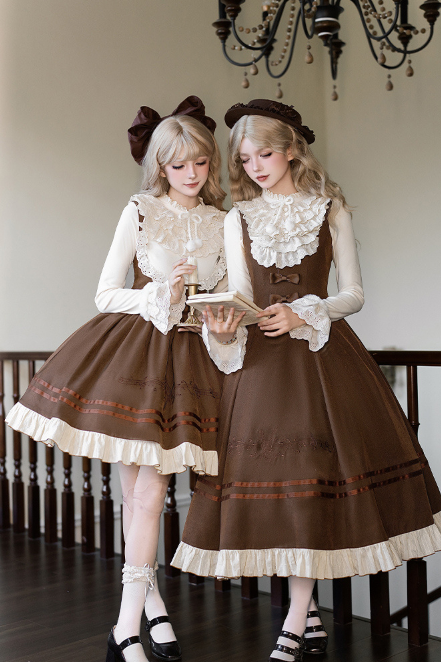 ツインフリルドールジャンパースカート+トップス+リボン+ハット