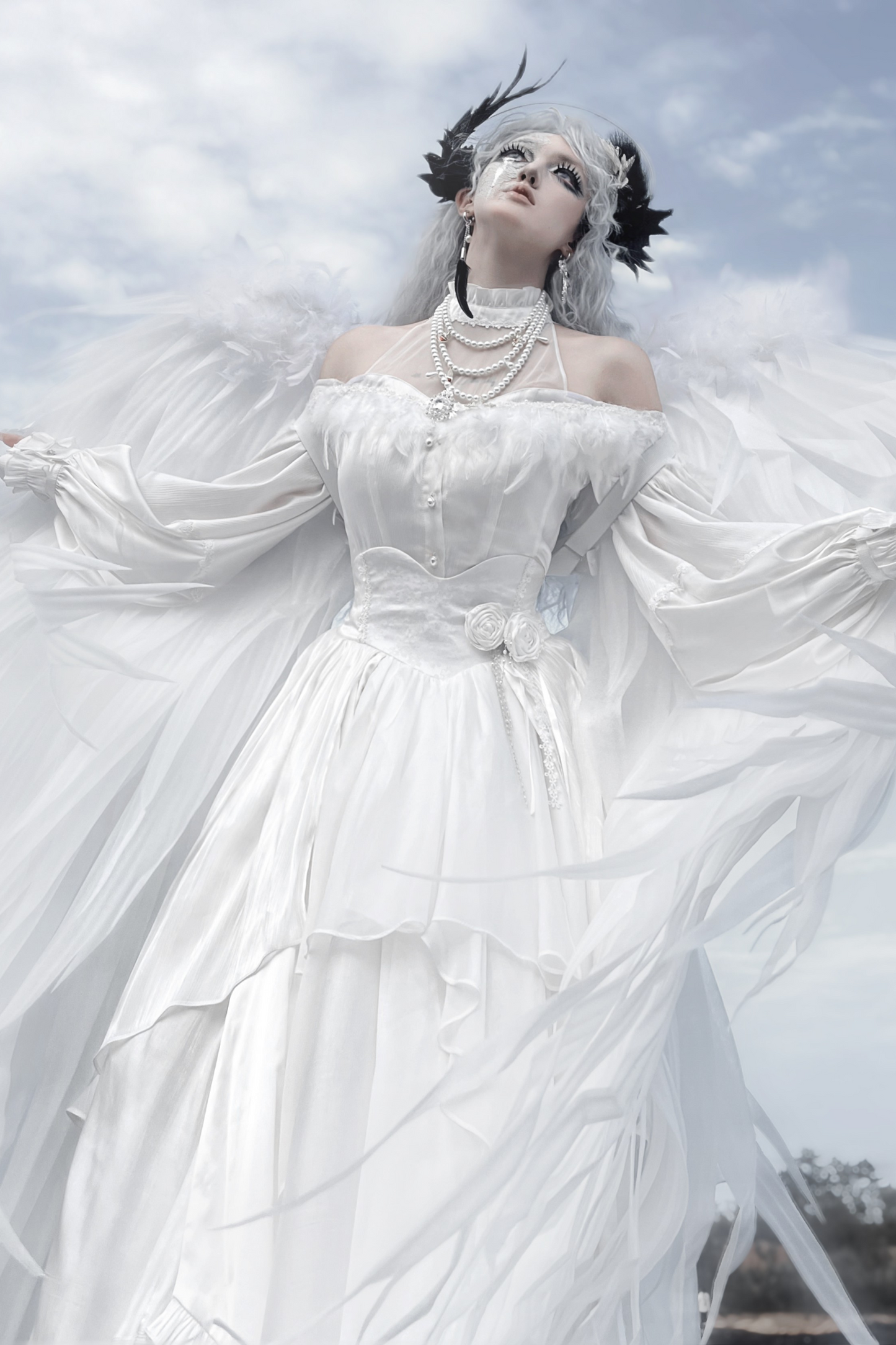 Off-the-shoulder shirt + oversized skirt