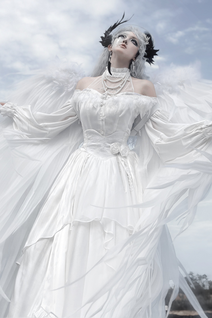 Off-the-shoulder shirt + oversized skirt