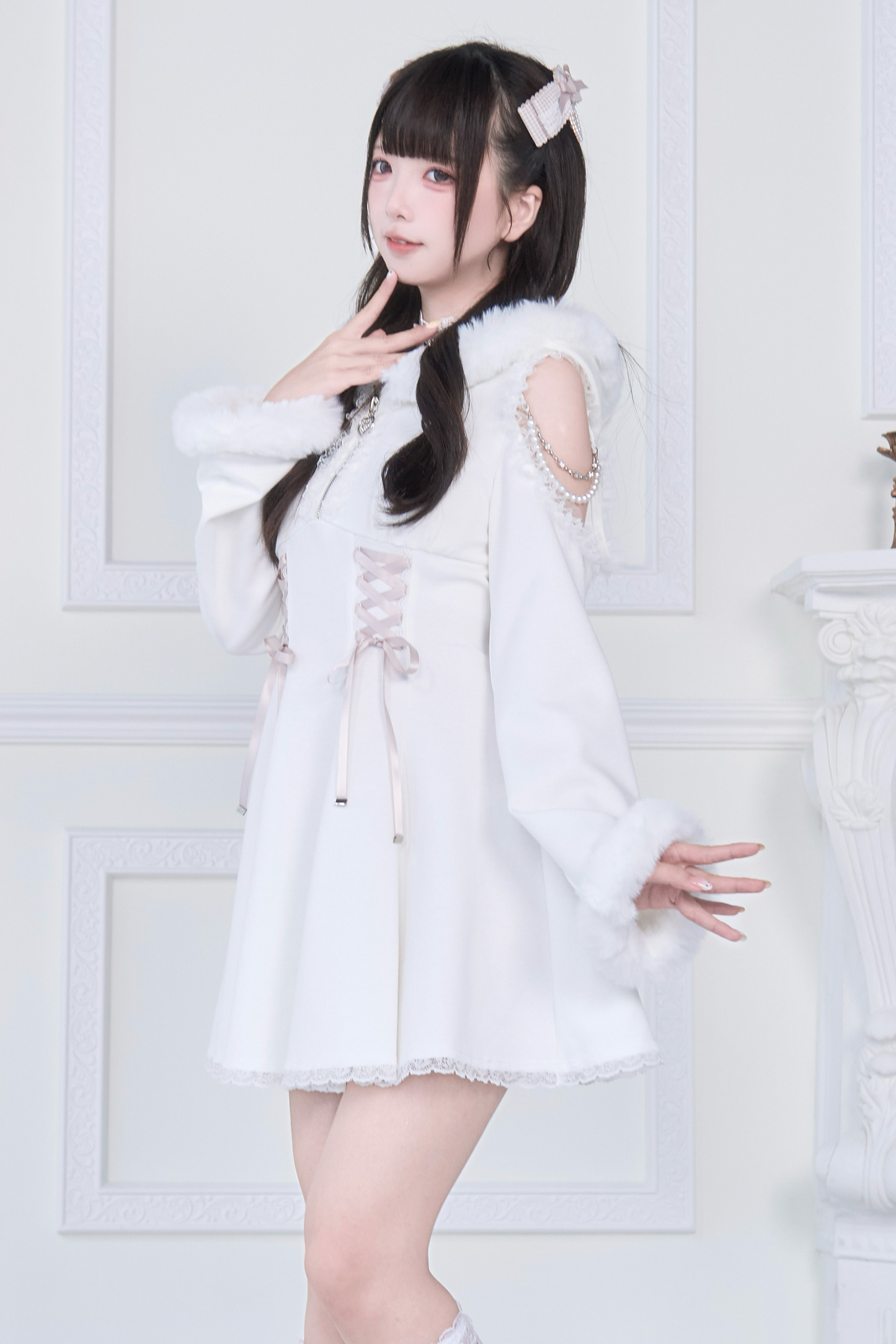 Lace-up Off-the-shoulder Fur Hooded Dress