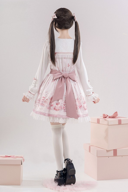 Sailor Color Sweetheart Print Dress + V-Neck Frilled Knit Cardigan