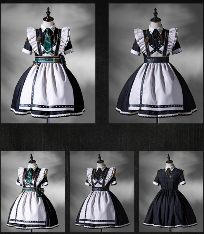Schwarz-grünes Militär-Maid-Lolita-Kleid Komplettset
