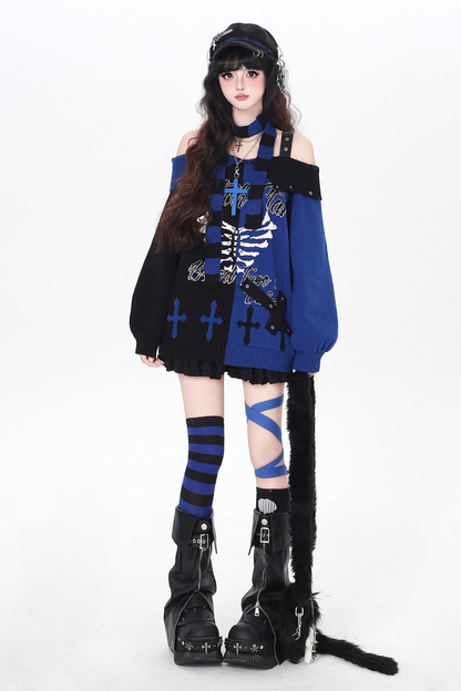 スカルボーンゴシックオフショルダートップス+スカーフ