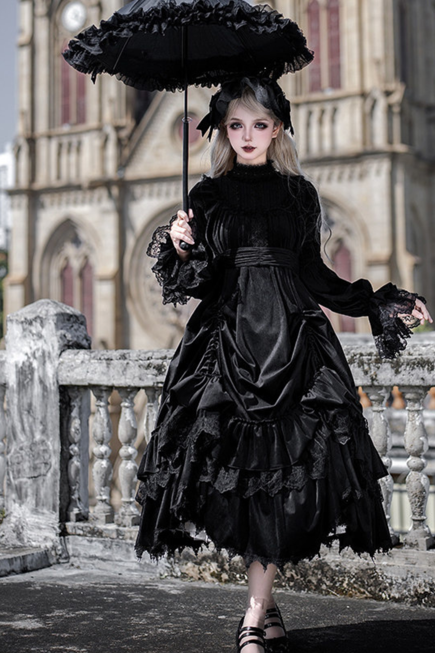 Gothic Doll Multi-Tiered Dress + Belt + Fake Collar + Hairband