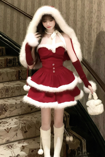 レッドベルベットケーキファーコート+サスペンダースカート+スリーブ