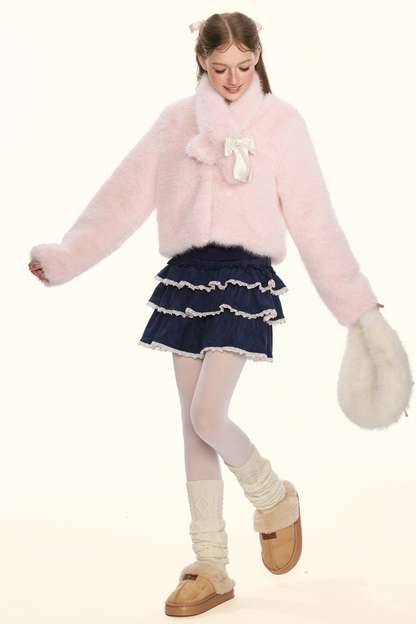 Sweet fur short coat + ribbon scarf