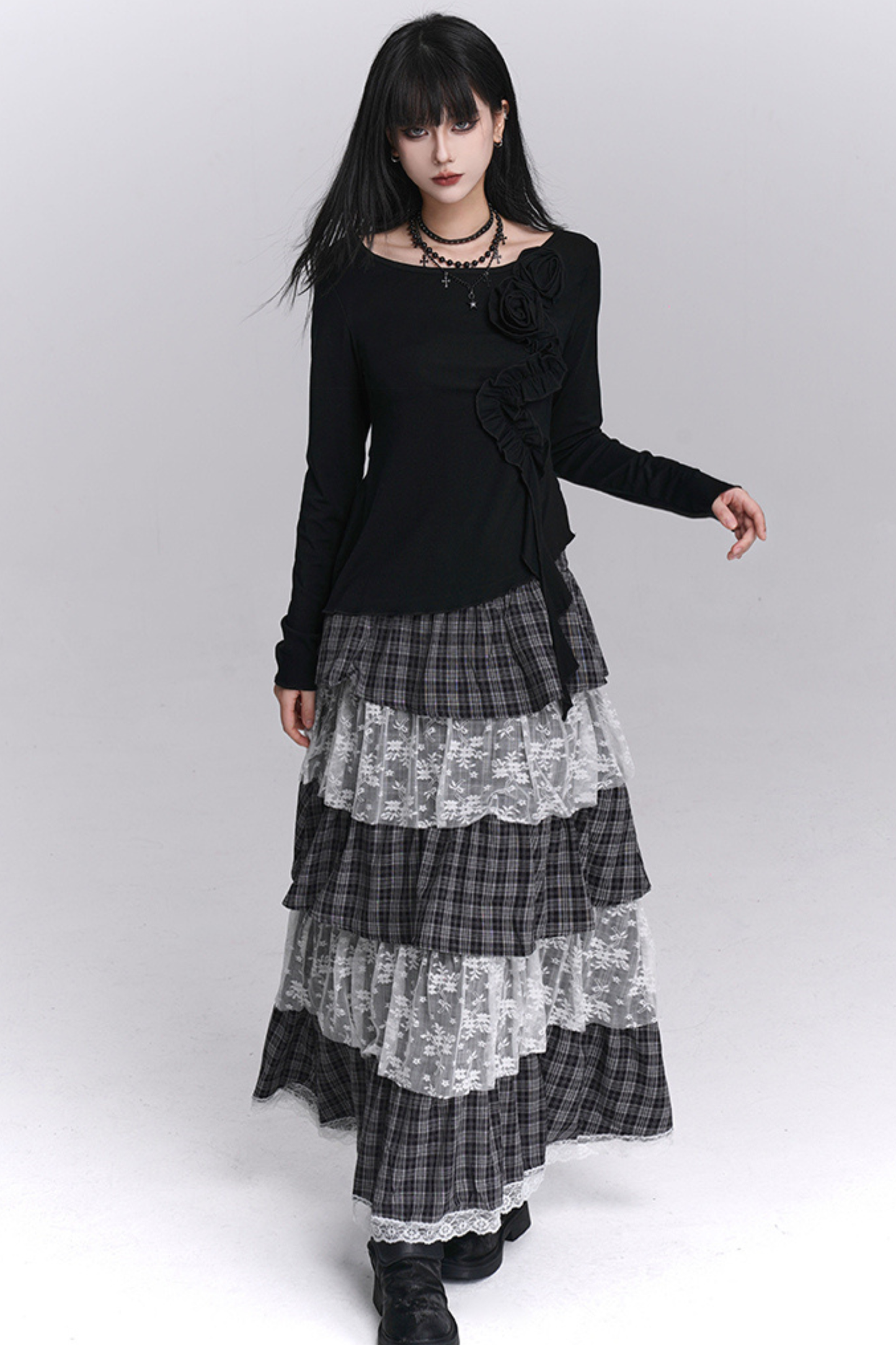 チェックティアードレースロングスカート