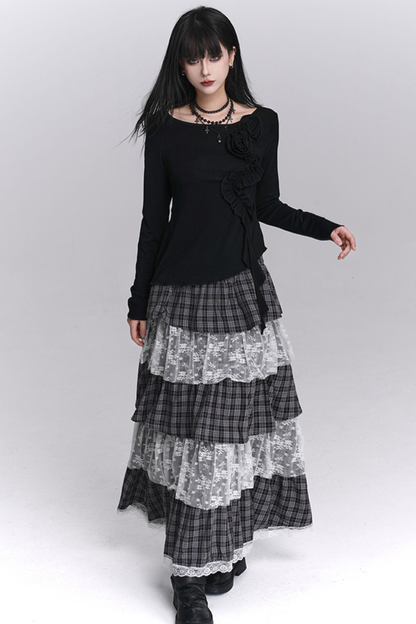 チェックティアードレースロングスカート