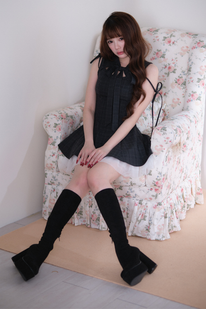 チェックレイヤーヘムノースリーブドレス