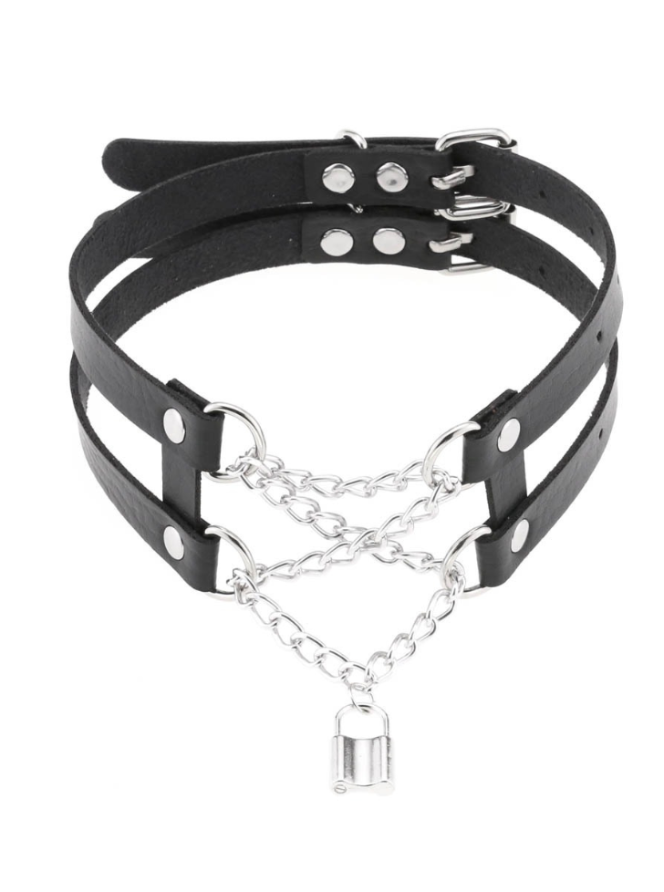 Rock pendant leather collar punk metal chain choker