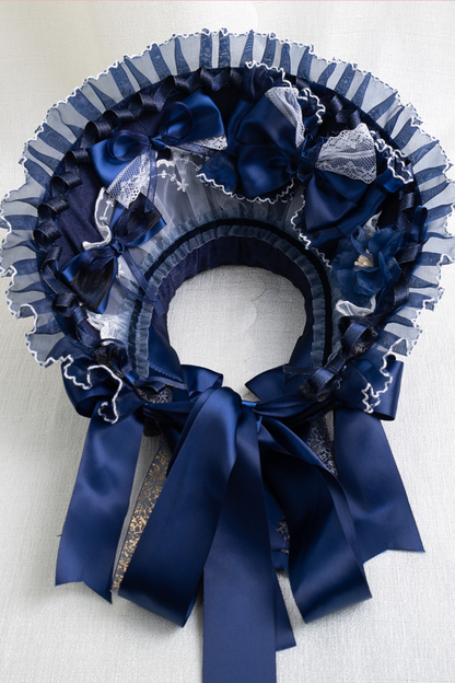 ネイビーブルーロリータボンネット+ヘアバンド+ハットクリップ+リボンクリップ