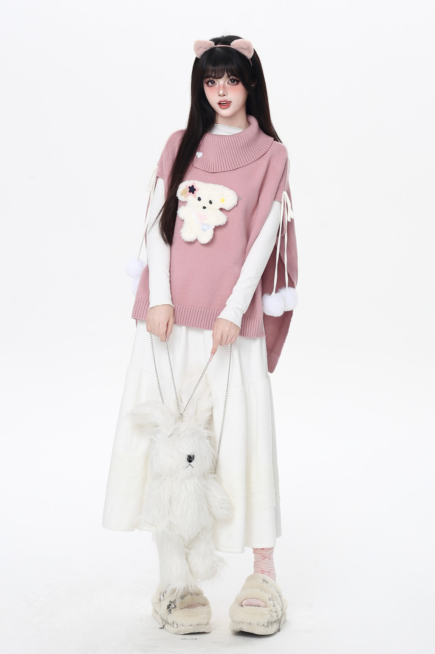 タートルネックショールニットプルオーバーケープ