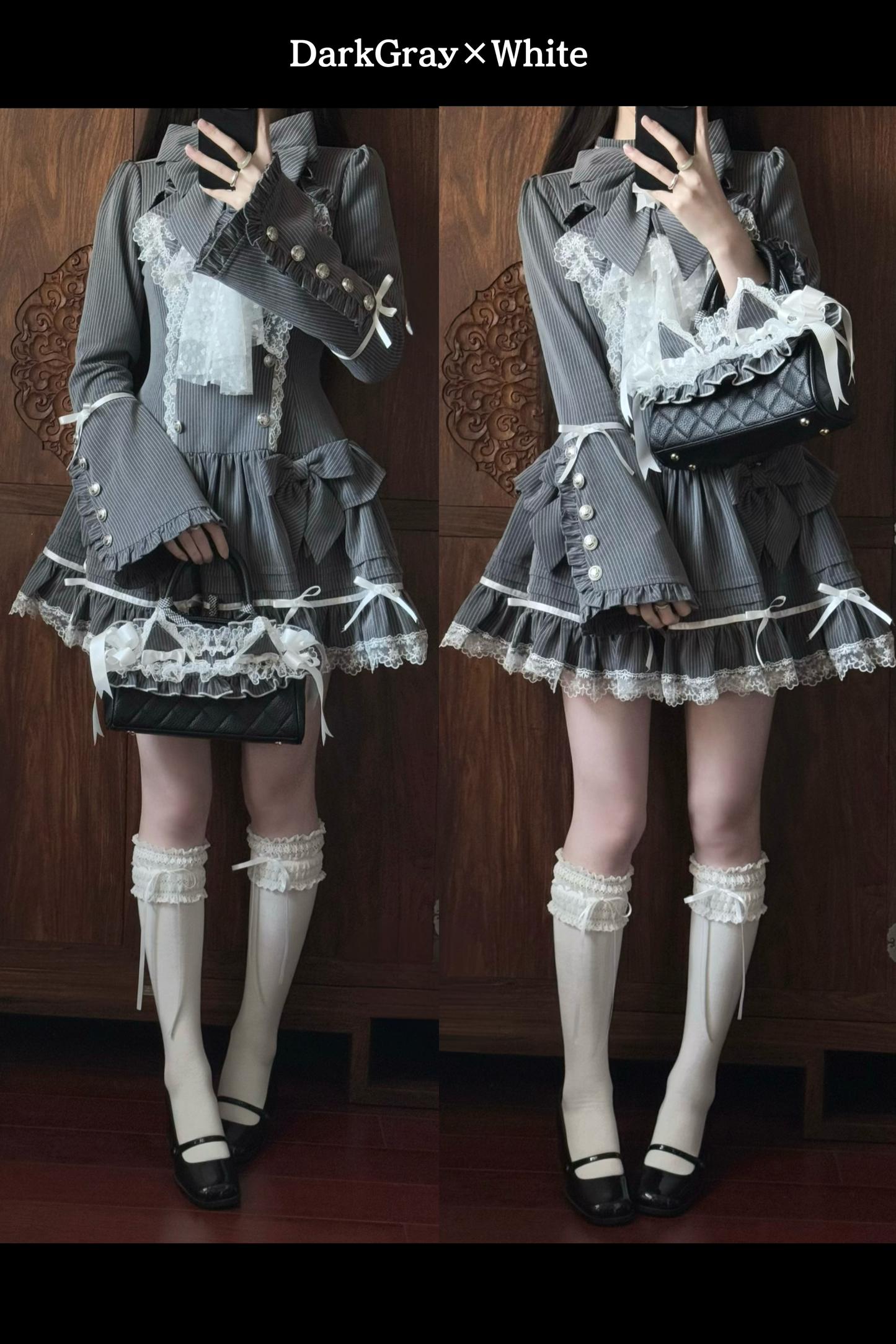 [Pre-order Deadline: April 25] Phantom Cat Sweet Ribbon Gray Stripe Lace Bell Sleeve Lolita Dress