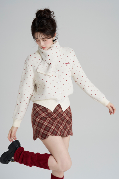 フレンチスタイルドットマフラー付きンカーディガン