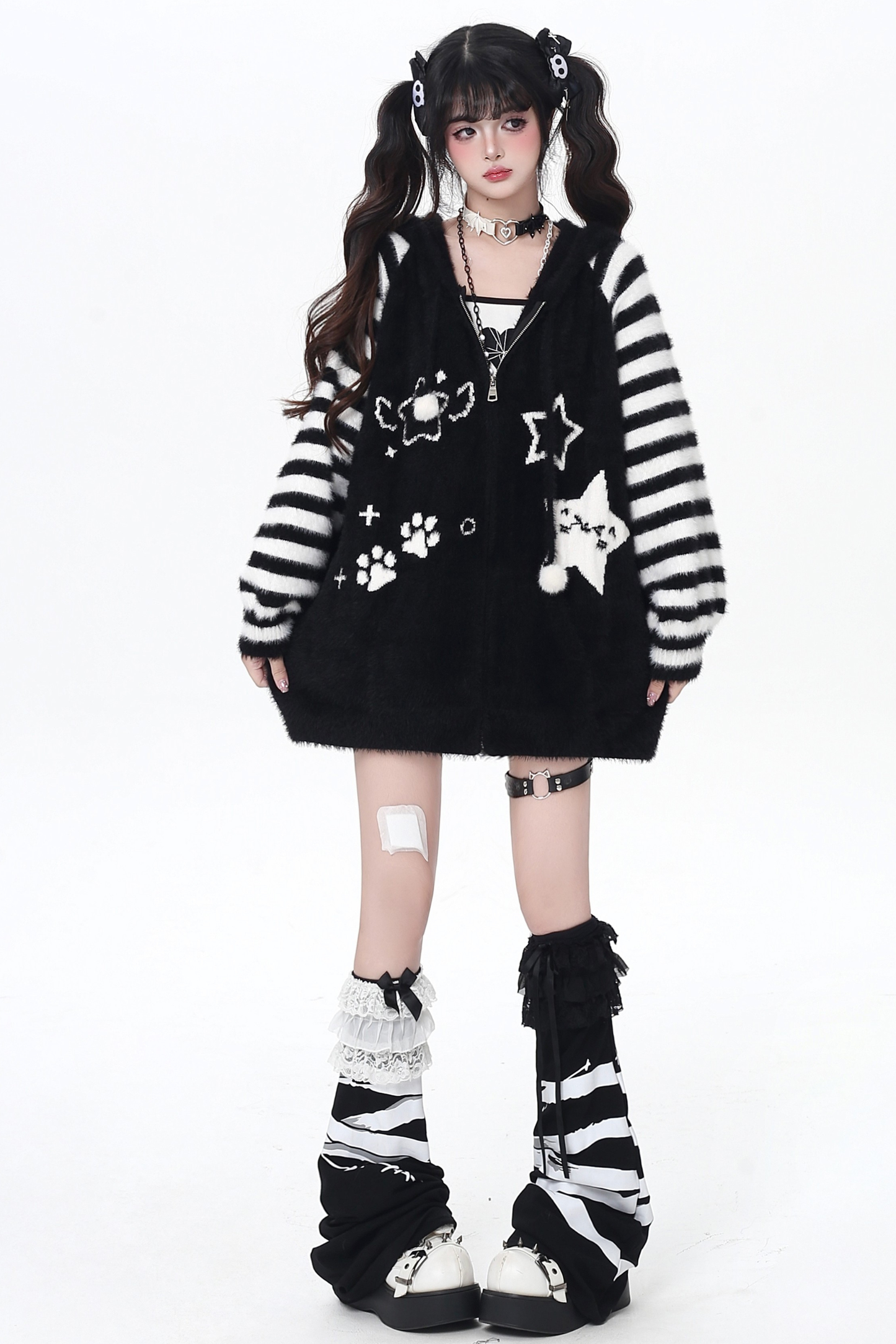 Star Line Striped Hooded Knit Cardigan