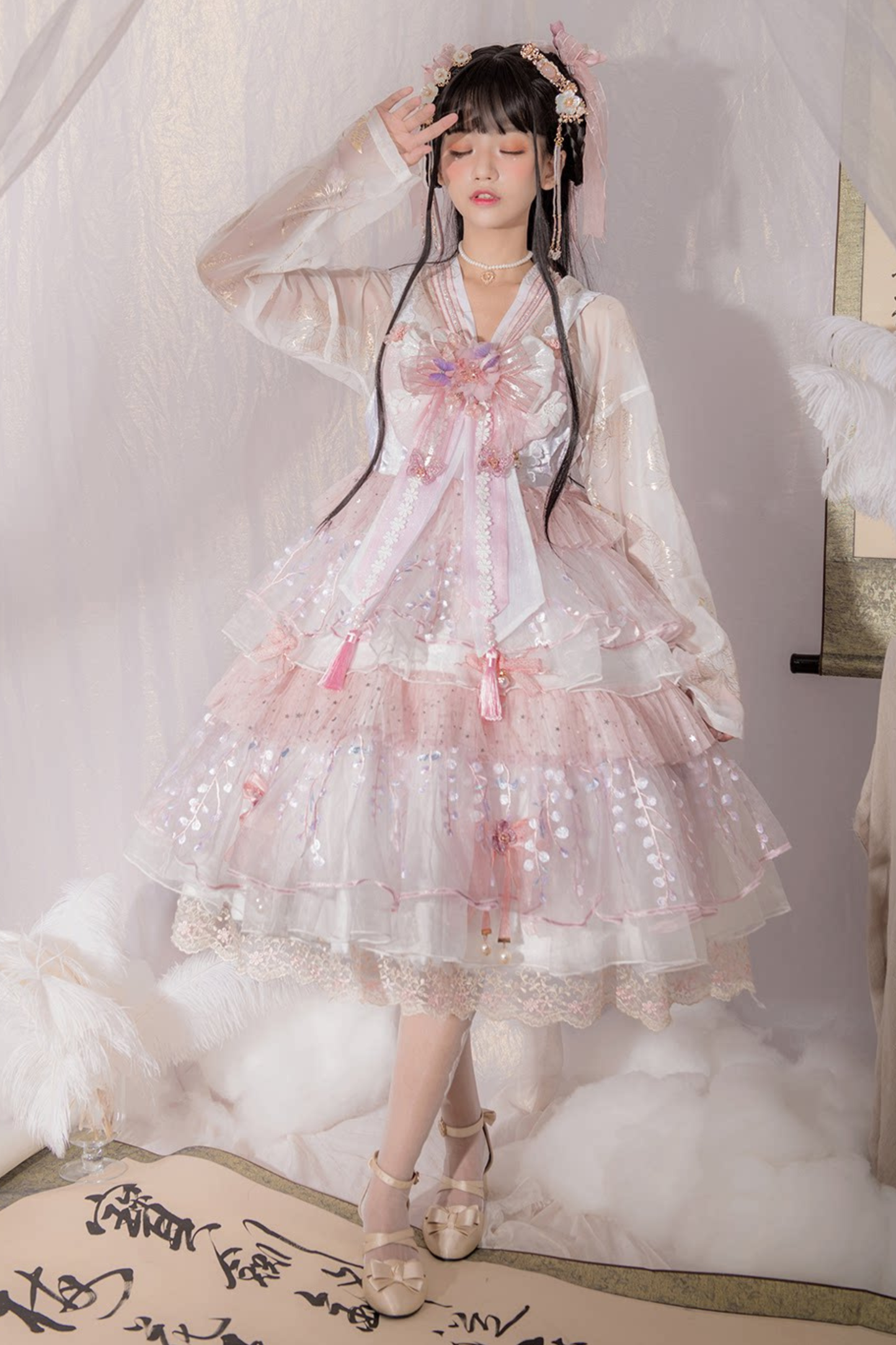 사쿠라 스위트 차이나 로리타 셔츠 + 목걸이 + 리본 + 베일 + 클립