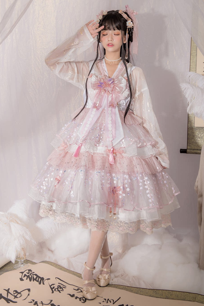 사쿠라 스위트 차이나 로리타 셔츠 + 목걸이 + 리본 + 베일 + 클립