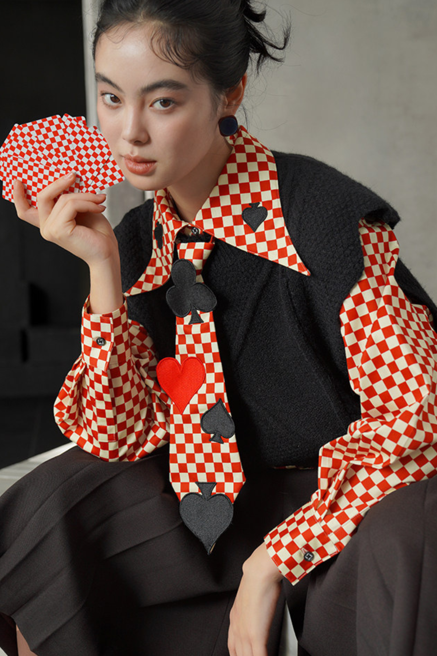 レトロチェックトランプデザインブラウス