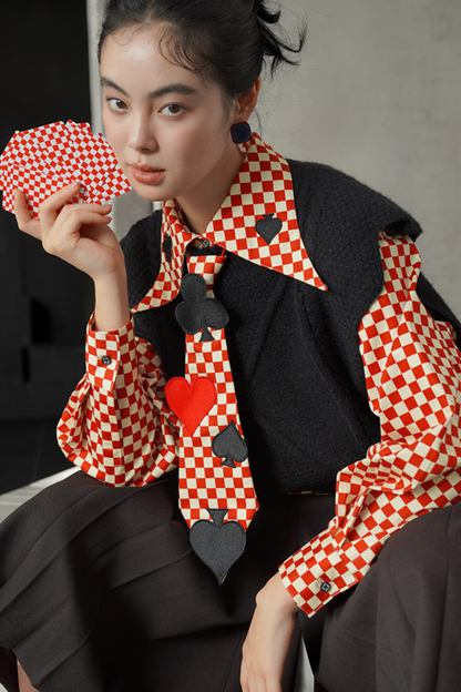 レトロチェックトランプデザインブラウス