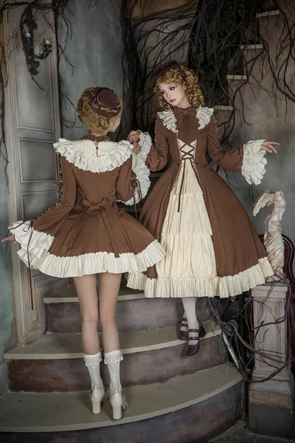 レーススタンドカラーフレアスリーブツインドールロリータドレス+カラー+ハット