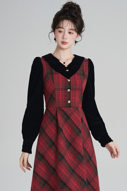 レッドレトロチェックツイードドレス