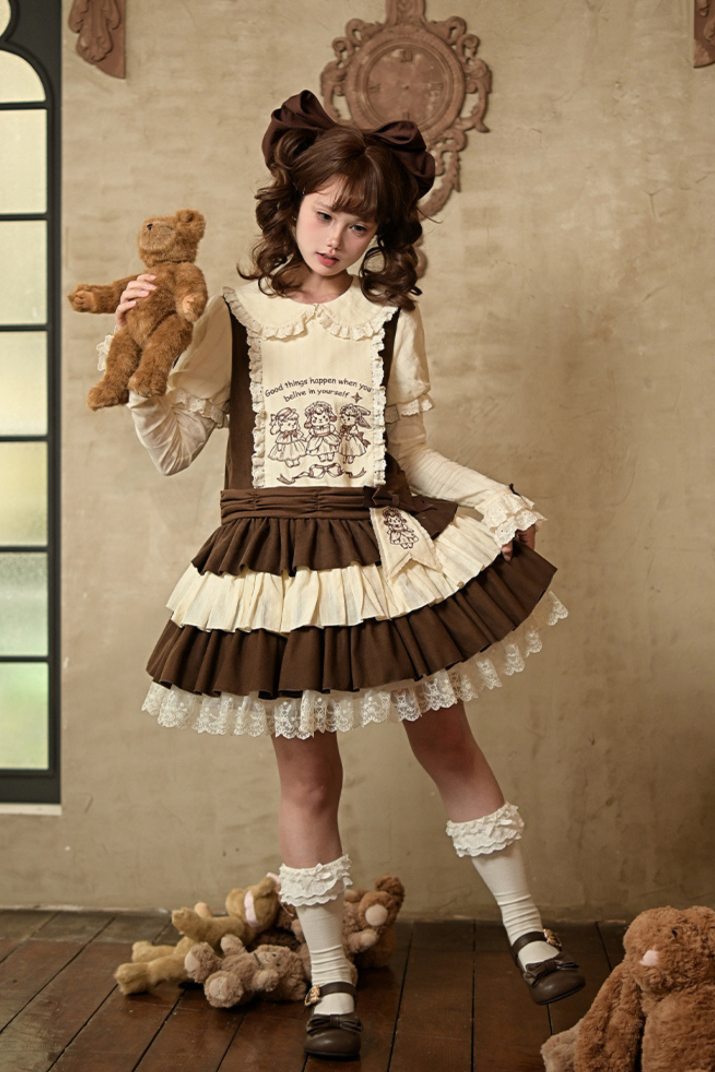 Doll Fairy Tale Lolita Dress + Ribbon Brooch + Belt + 2-way Embroidery Brooch