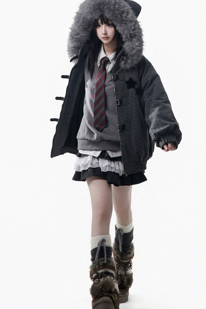 ビッグファーカラージャケット+トップス+スカート+パンツ+チェックフードジャケット