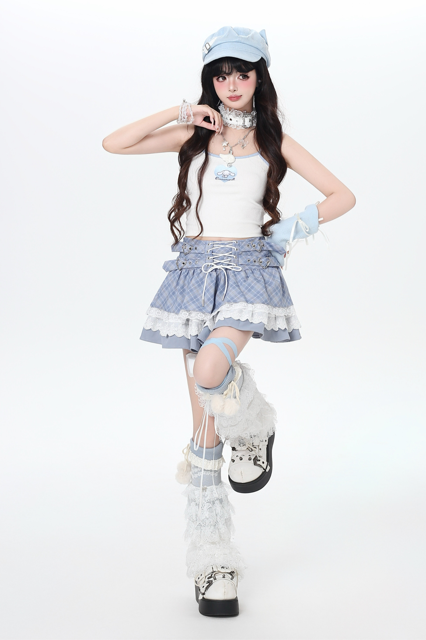 Plaid Lace-Up Tiered Skirt