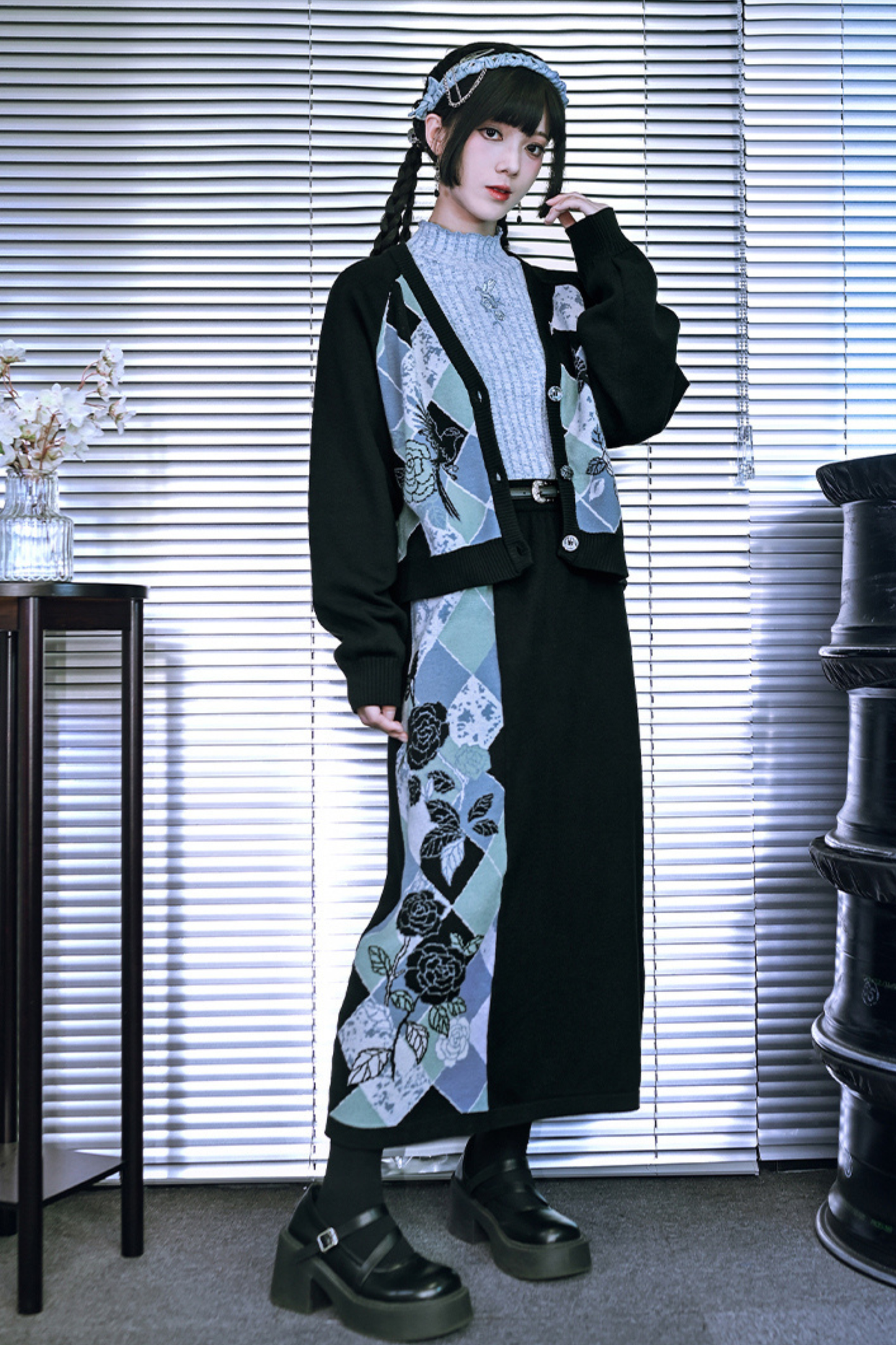 Argyle Flower Cardigan + Asymmetrical Skirt