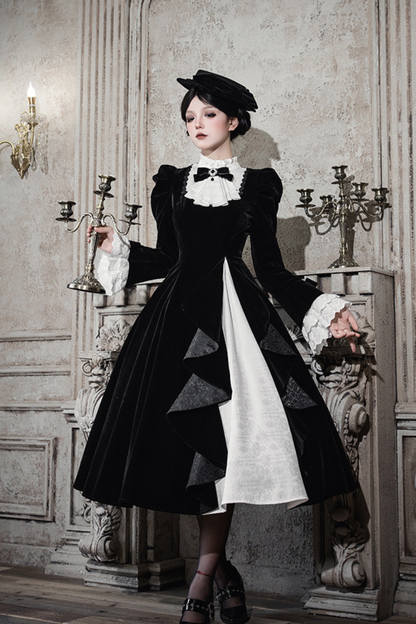 エレガントスリムコントラストカラーツインドレス+カラー+リボン+ブローチ+ハット