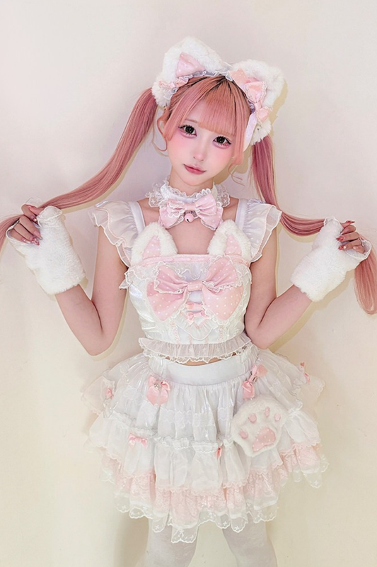 [Pre-order] Cat Girl Cat Ear Lace Ribbon Dress Full Set + Cat Ear Headband