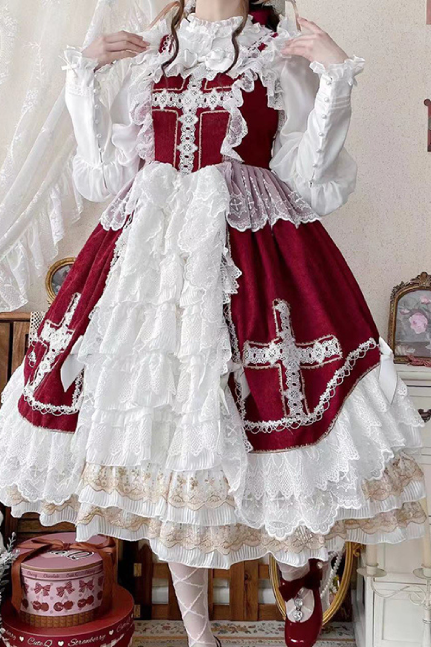 ゴシックドールレースジャンパースカート+ボンネット+ショール