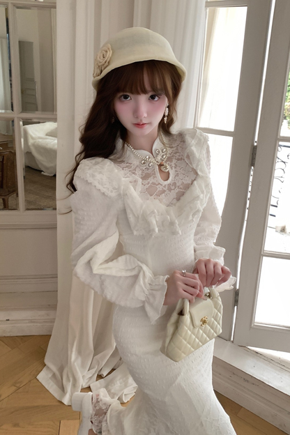 パフスリーブニットレースワンピース